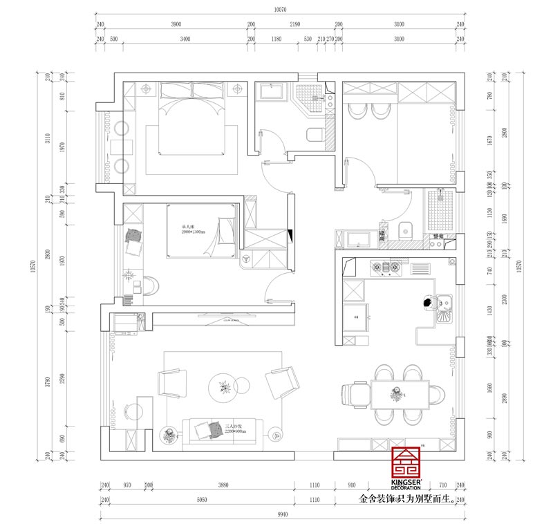融創中心裝修127平米戶型平面布局圖